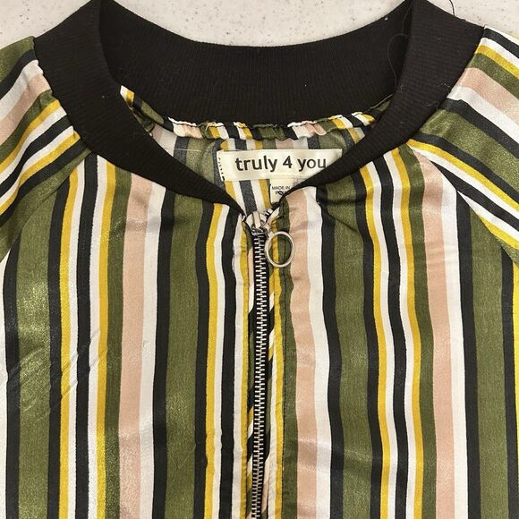 Truly 4 You Satin Jacket Womens Small Green Shiny Striped Bomber Retro - Picture 9 of 11
